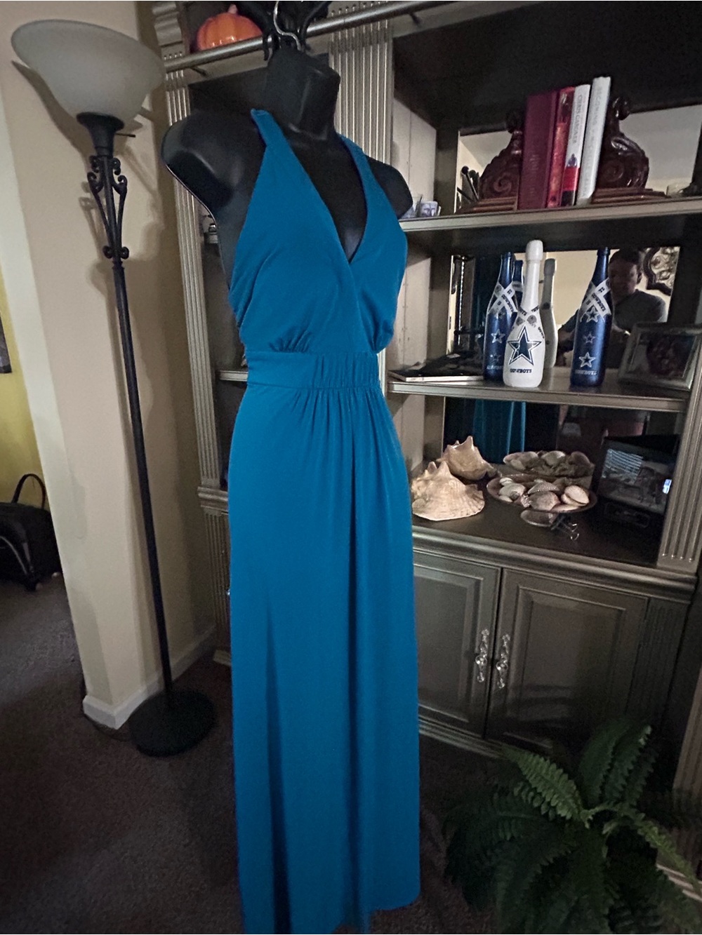 Teal Halter Maxi Dress - Elegant V-Neck Evening Gown by Jessica Simpson size M